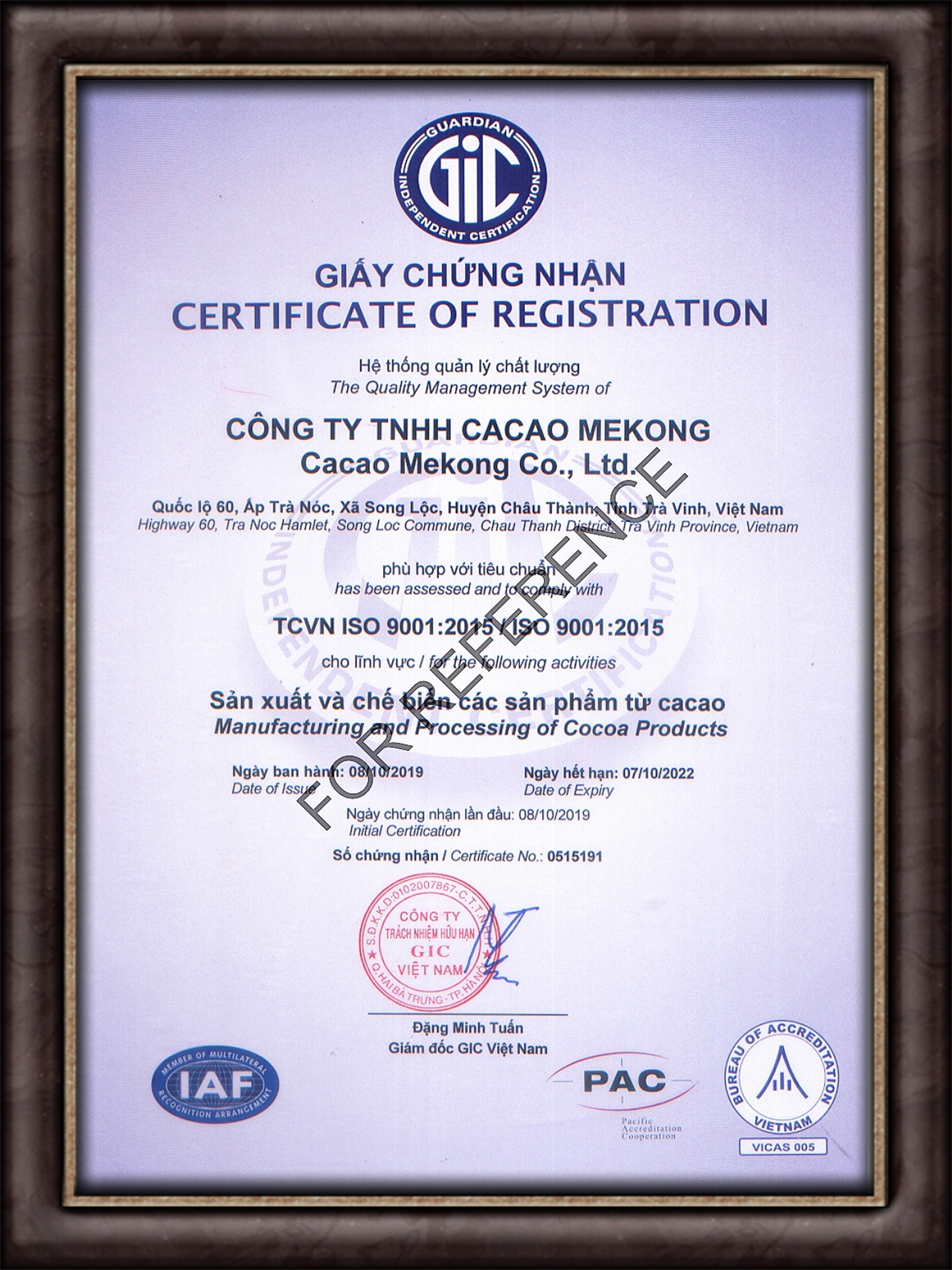 ISO 9001 : 2015 - Cacao Mekong - Công Ty TNHH Cacao Mekong